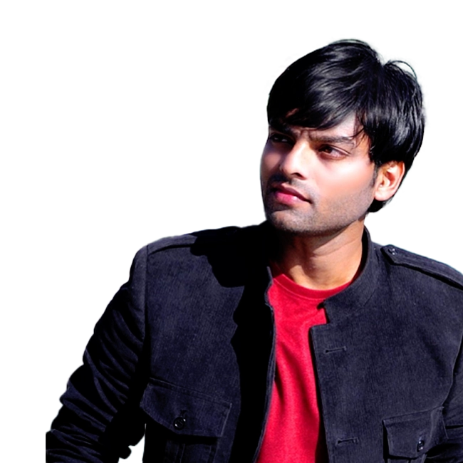 Abhay Jain wearing a black jacket and red shirt