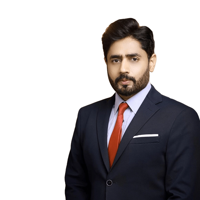 Abrar-ul-Haq, wearing a dark navy suit with a red tie