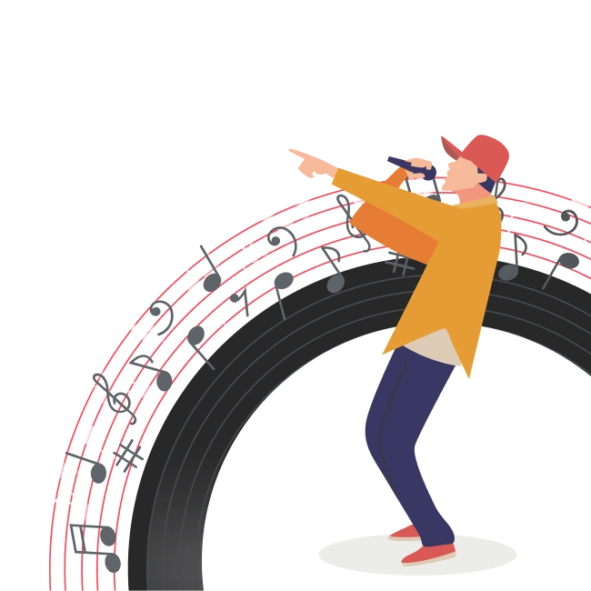 Vector image of a boy singing with musical notes in the background.