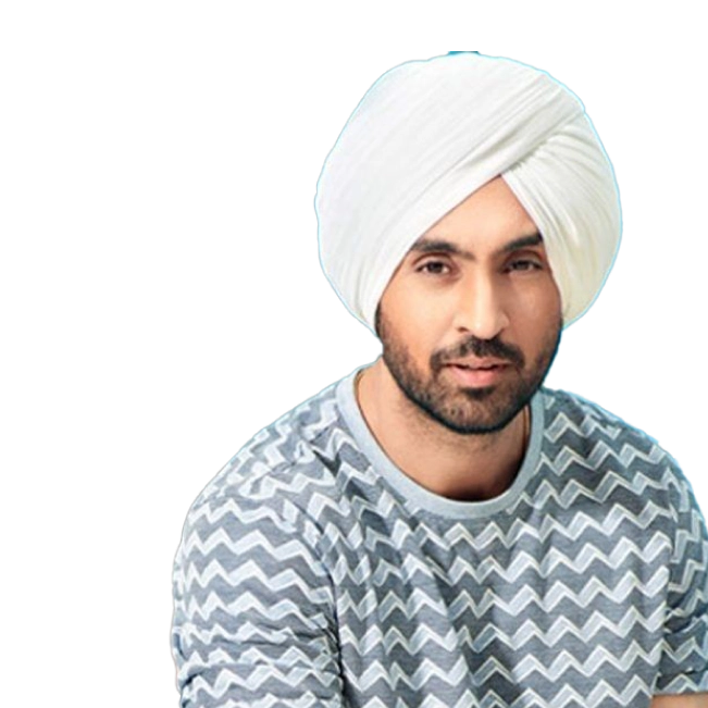 Diljit Dosanjh wearing a white turban and a zigzag-patterned shirt