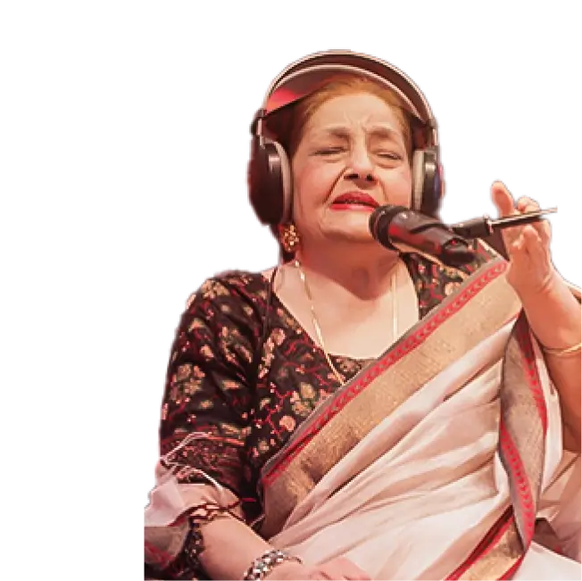 Farida Khanum wearing a saree and headphones, singing into a microphone.