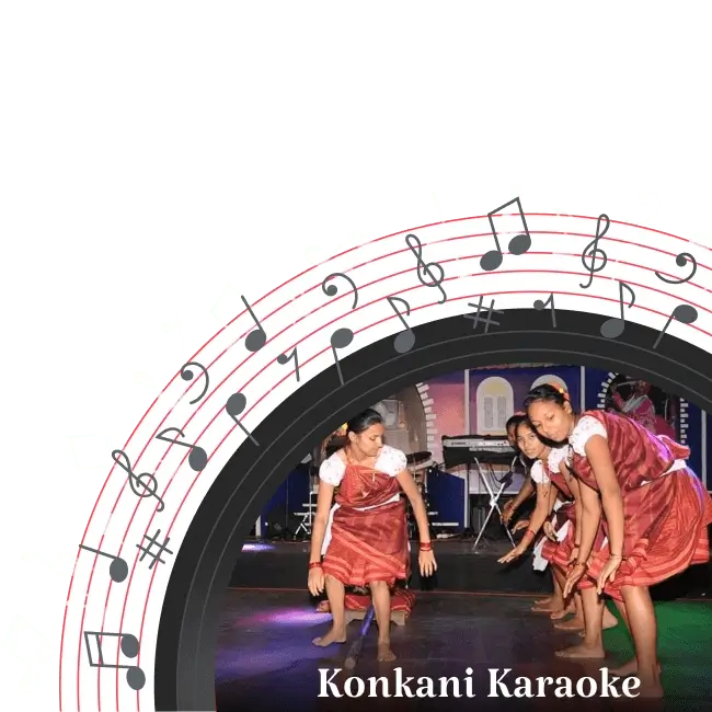 A group of women performing traditional Konkani dance in matching red and white attire during a stage performance.