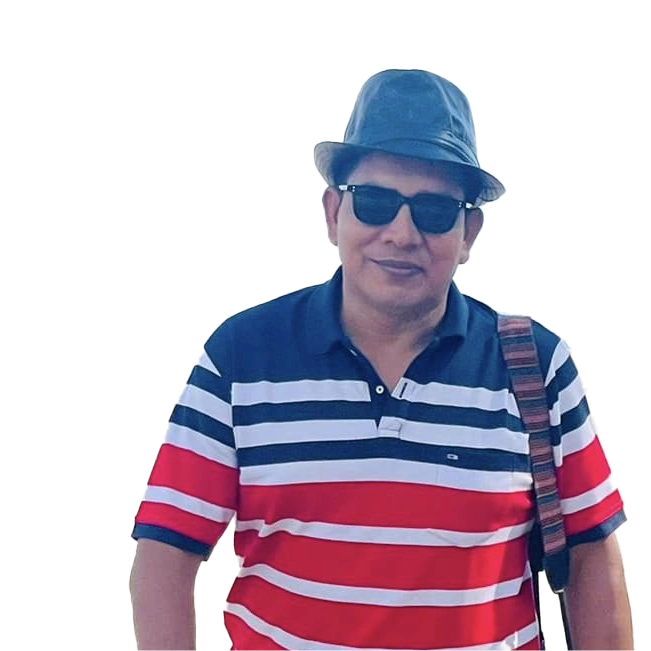 Hasan Jahangir wearing sunglasses, a striped shirt, and a hat.