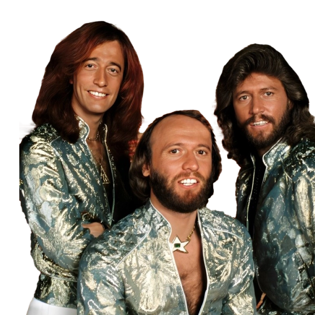 The Bee Gees musical group dressed in metallic silver outfits