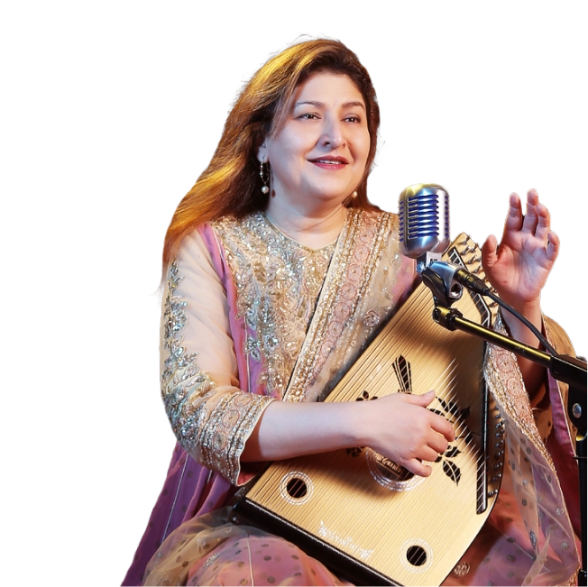 Chandana Dixit, dressed in a traditional attire and singing with a string instrument and microphone.
