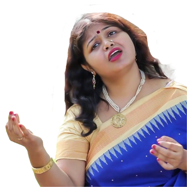 Chandrani Mukherjee, dressed in traditional attire, singing passionately.