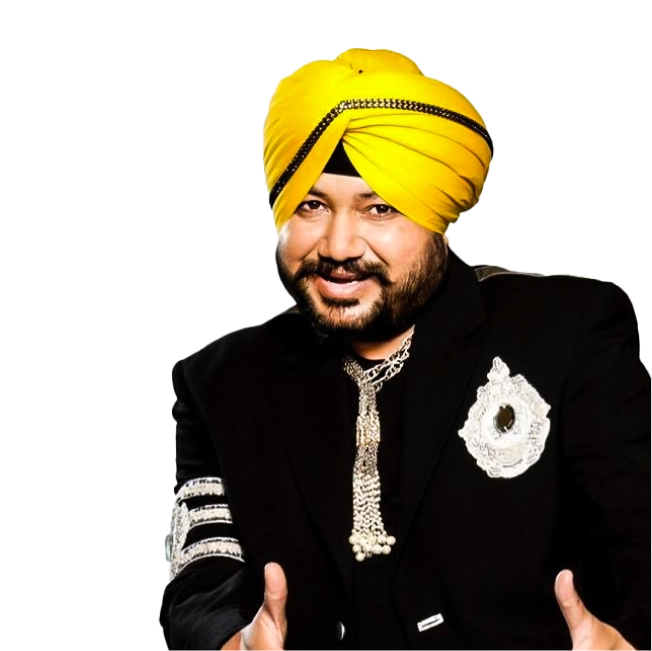 Daler Mehndi wearing a black suit and a yellow turban