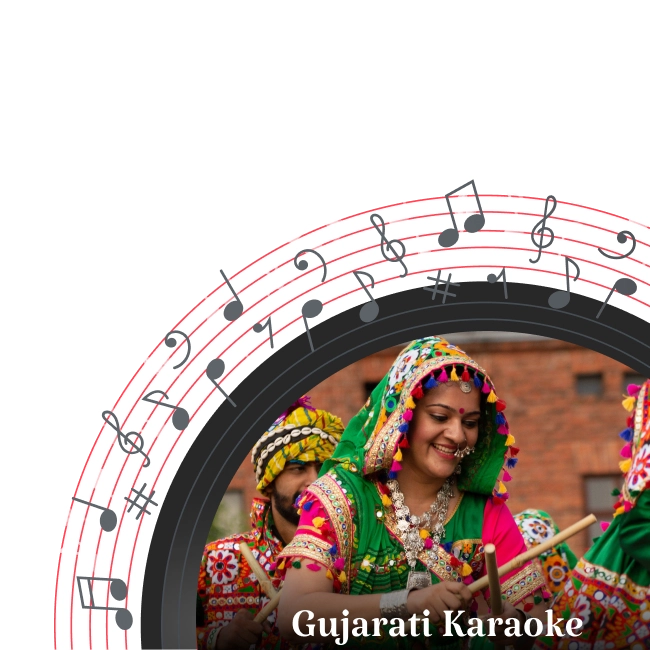 A group of people in traditional Gujarati attire performing a dance for Gujarati Karaoke category.