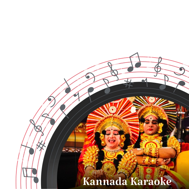 Performers in traditional Yakshagana attire with elaborate headgear and costumes, for the Kannada Karaoke category