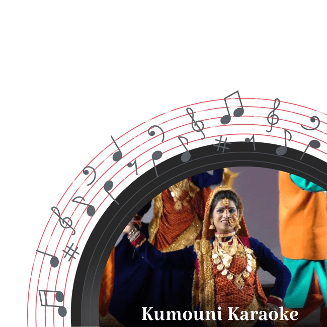 Women performing traditional Kumaoni dance in vibrant attire and ornate jewelry.