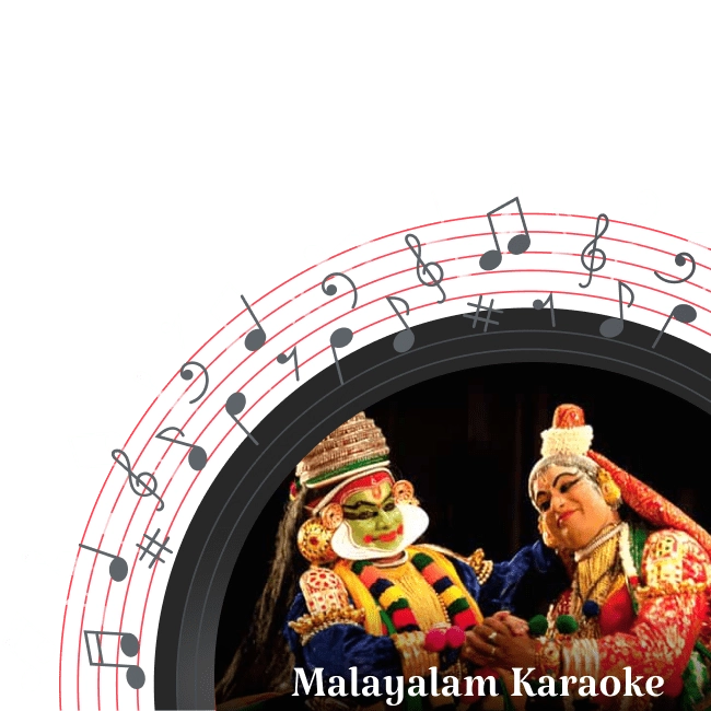 Two Kathakali artists in vibrant and elaborate costumes, performing a traditional dance.