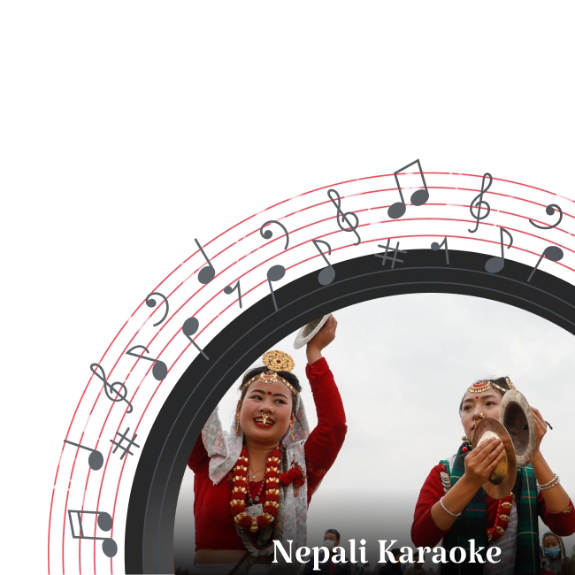 Two women in traditional Nepali attire performing a cultural dance with cymbals