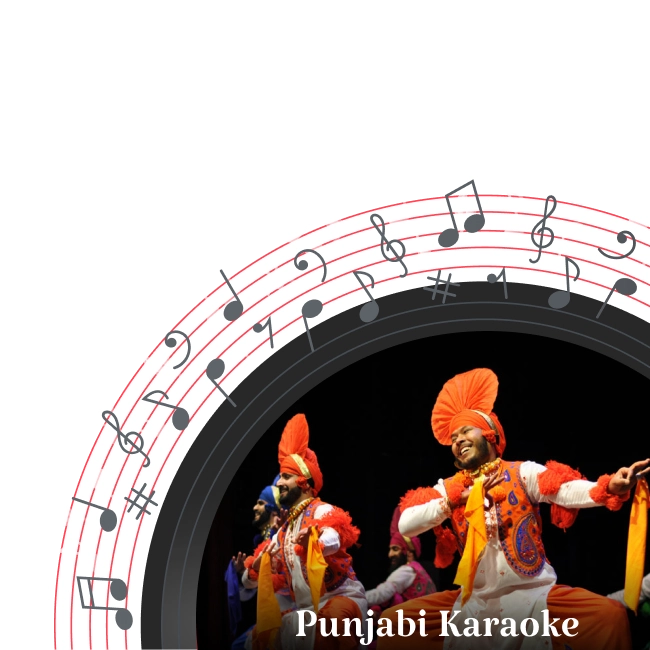 Men performing in traditional Bhangra attire with orange turbans and decorated vests, for the Punjabi Karaoke category