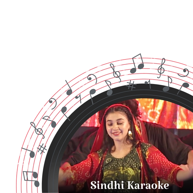 Girl performing Sindhi cultural dance in traditional attire on stage with a background of musical theme