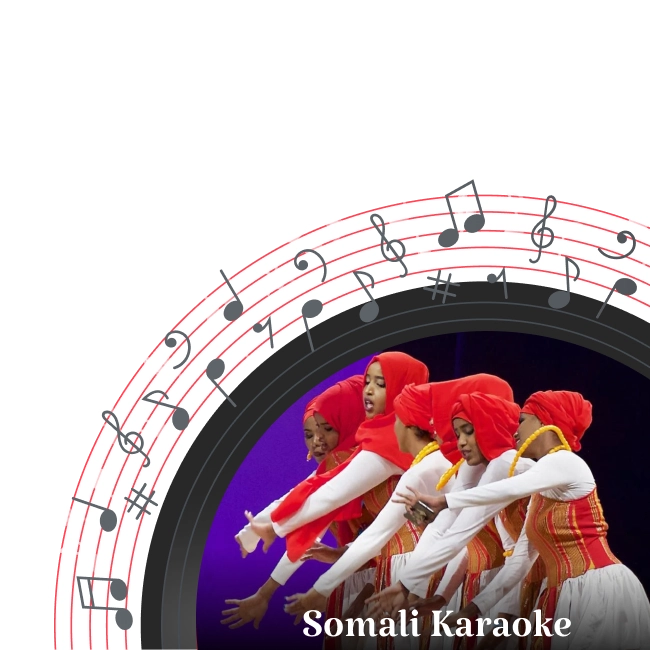 A group of young women in red headscarves and traditional Somali costumes performing a cultural dance