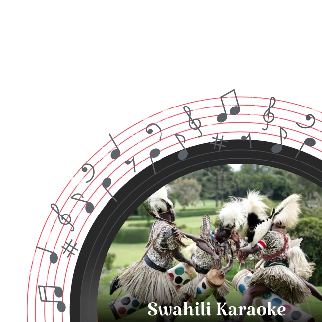 Swahili dancers in colorful traditional costumes and feathered headdresses performing with drums.