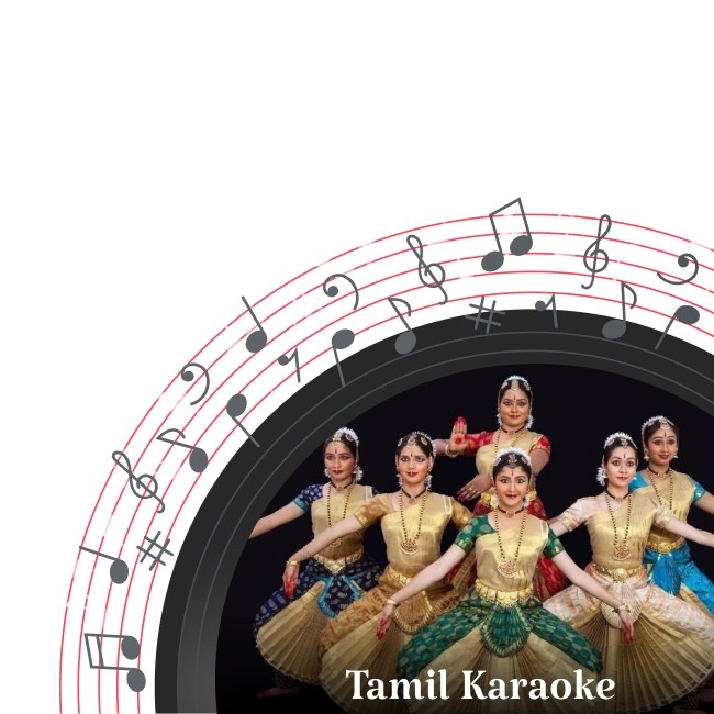 : Group of Bharatanatyam dancers in traditional attire, performing a classical Tamil dance pose. The dancers are adorned in vibrant costumes and jewelry, showcasing the elegance and grace of Bharatanatyam.