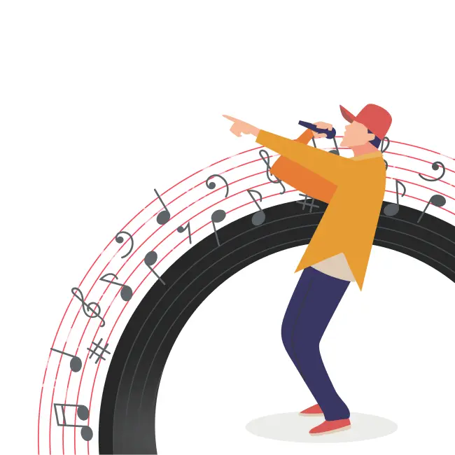 Vector image of a boy singing with musical notes in the background.