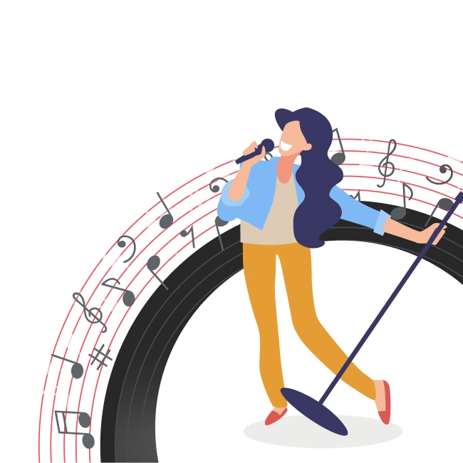Vector image of a girl singing with musical notes in the background.